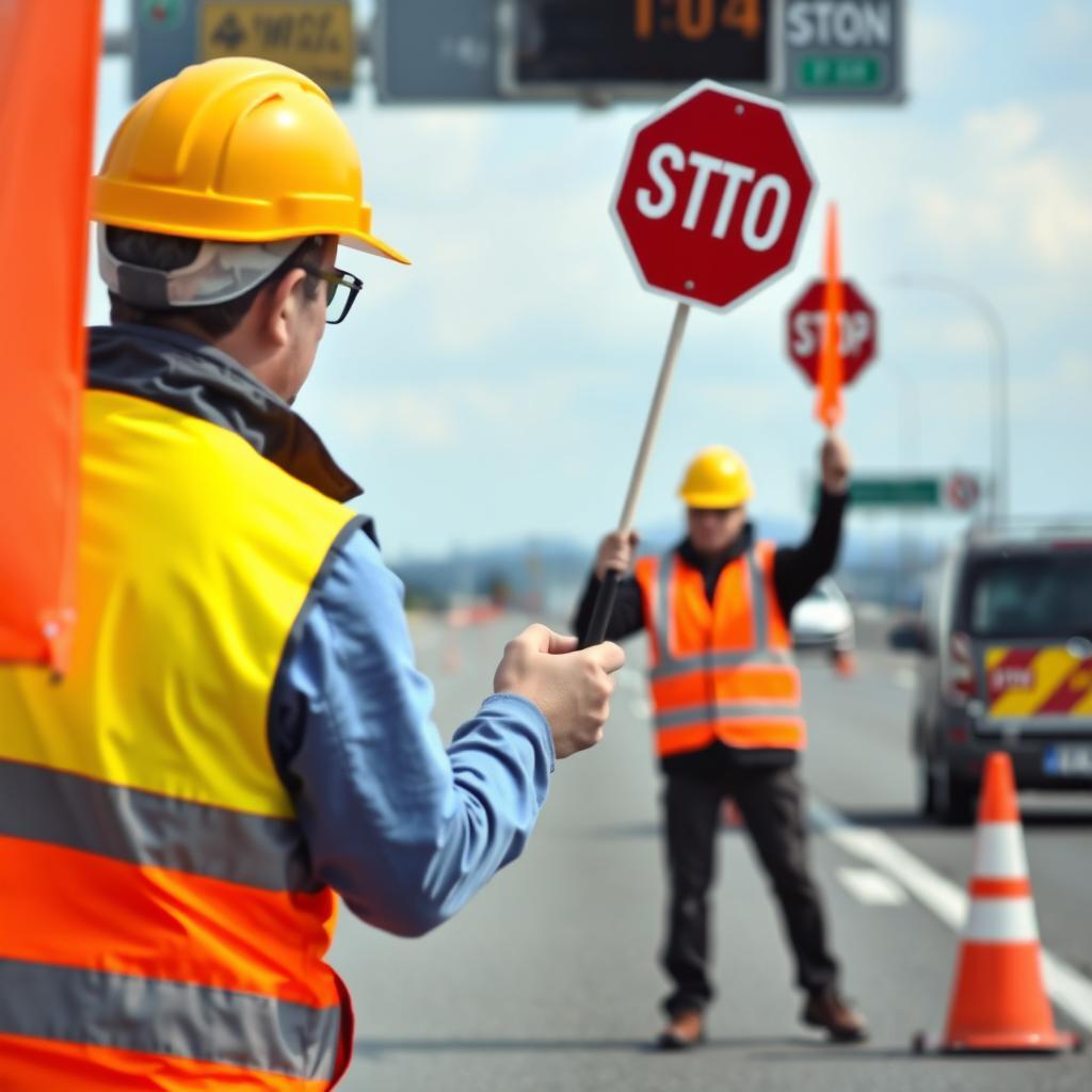 Traffic control flaggers working in a road construction zone