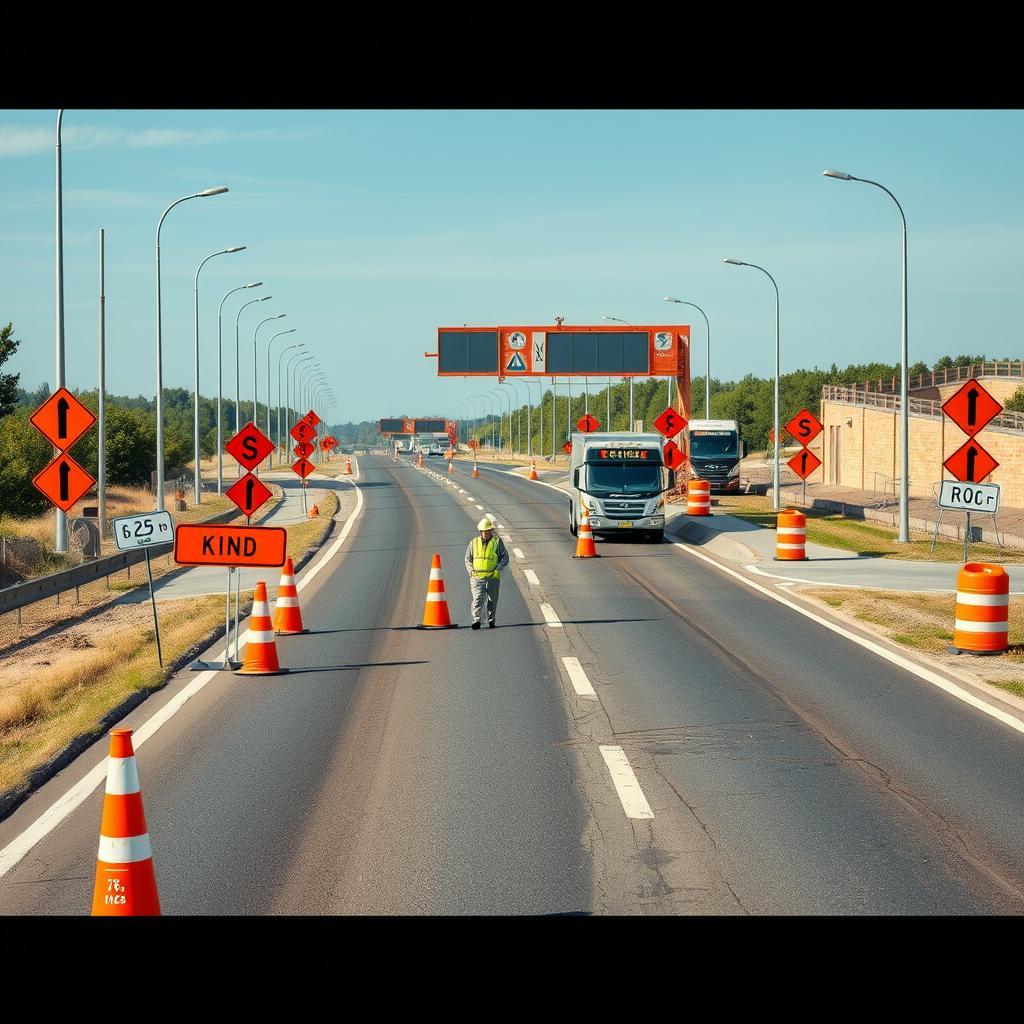 Road construction work zone with traffic control